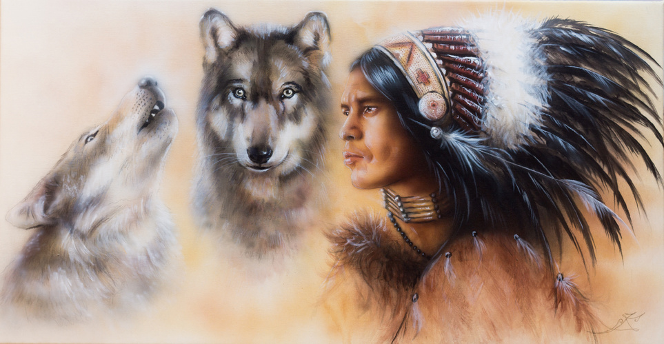 A beautiful airbrush painting of an young indian warrior accompanied with two wolves